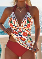 Mid Waisted Floral Print Tummy Coverage Red Tankini Set