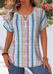 Multi Stripe Print Tummy Coverage Dusty Blue Blouse