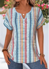 Multi Stripe Print Tummy Coverage Dusty Blue Blouse