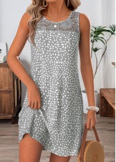 Geometric Print Patchwork Grey Short Sleeveless Round Neck Dress