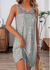 Geometric Print Patchwork Grey Short Sleeveless Round Neck Dress