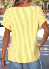 Striped Button Yellow Short Sleeve Boat Neck T Shirt