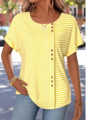 Striped Button Yellow Short Sleeve Boat Neck T Shirt
