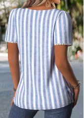 Plus Size Blue Pleated Striped Short Sleeve T Shirt