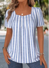 Plus Size Blue Pleated Striped Short Sleeve T Shirt