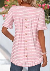 Striped Frill Pink Short Sleeve Round Neck T Shirt