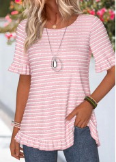 Striped Frill Pink Short Sleeve Round Neck T Shirt