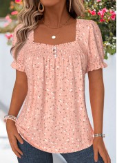 Ditsy Floral Print Smocked Dusty Pink Short Sleeve Blouse