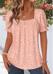 Ditsy Floral Print Smocked Dusty Pink Short Sleeve Blouse