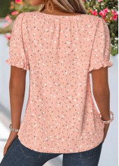 Ditsy Floral Print Smocked Dusty Pink Short Sleeve Blouse