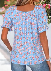 Ditsy Floral Print Smocked Light Blue Short Sleeve Blouse