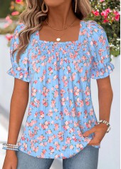 Ditsy Floral Print Smocked Light Blue Short Sleeve Blouse