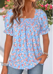 Ditsy Floral Print Smocked Light Blue Short Sleeve Blouse