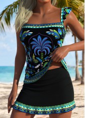 Mid Waisted Tropical Plants Print Black Tankini Set