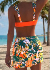 Mid Waisted Leaf Print Three-piece Orange Bikini Set