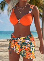Mid Waisted Leaf Print Three-piece Orange Bikini Set
