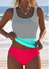 Mid Waisted Striped Two-piece Coral Tankini Set