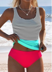 Mid Waisted Striped Two-piece Coral Tankini Set