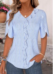 Striped Ruffle Blue Half Sleeve V Neck Blouse