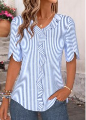 Striped Ruffle Blue Half Sleeve V Neck Blouse