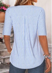Striped Ruffle Blue Half Sleeve V Neck Blouse