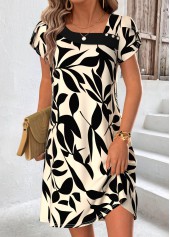 Leaf Print Tummy Coverage Beige Short Asymmetrical Neck Dress