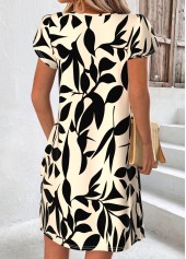 Leaf Print Tummy Coverage Beige Short Asymmetrical Neck Dress