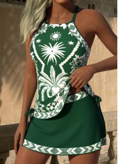 Mid Waisted Tropical Plants Print Tummy Coverage Tankini Set