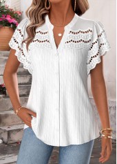 Shirred White Short Sleeve Split Neck Blouse