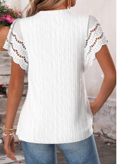 Shirred White Short Sleeve Split Neck Blouse