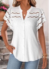 Shirred White Short Sleeve Split Neck Blouse