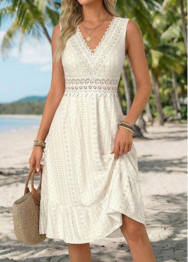 Shirred Beige Sleeveless V Neck Dress