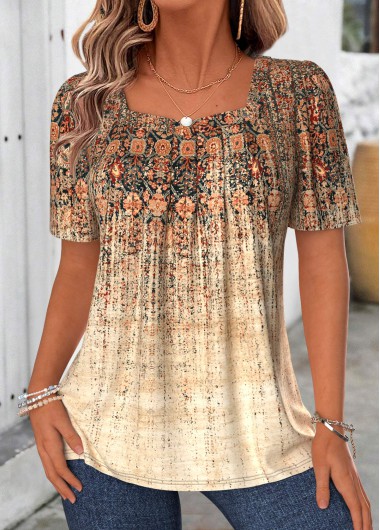 Tribal Print Patchwork Light Coffee Short Sleeve T Shirt