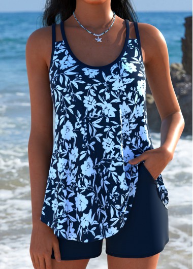 Mid Waisted Ditsy Floral Print Curved Hem Tankini Set