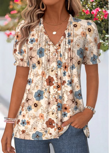Floral Print Frill Multi Color Short Sleeve T Shirt