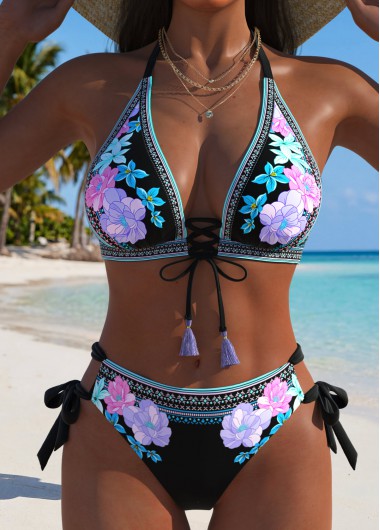 Mid Waisted Floral Print Lace Up Bikini Set
