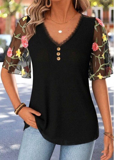 Curved Hem Black Half Sleeve V Neck T Shirt