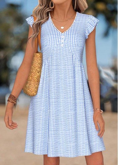 Striped Shirred Light Blue Short V Neck Dress