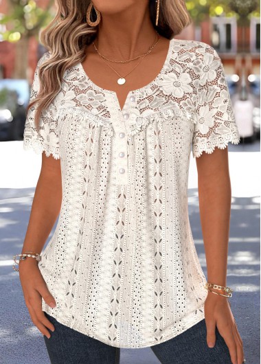 Ruffle Beige Short Sleeve Split Neck Blouse