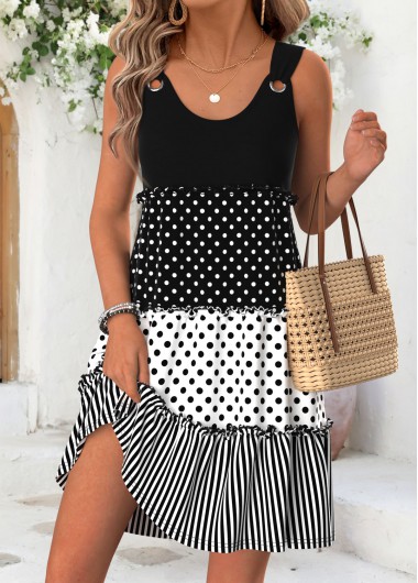 Geometric Print Shirred Black Short Sleeveless Scoop Neck Dress
