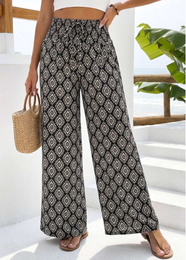 Geometric Print Black Straight Leg Elastic Waist Pants