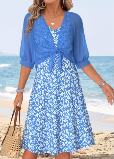 Floral Print Two-piece Blue Half Sleeve Dress and Cardigan