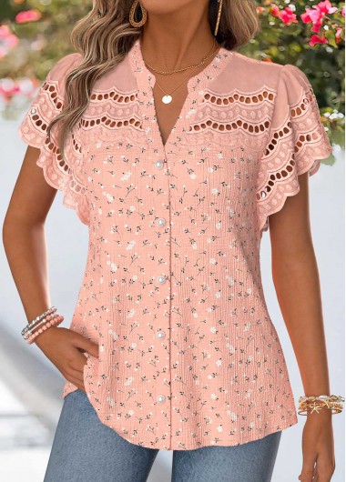 Patchwork Dusty Pink Short Sleeve Split Neck Blouse