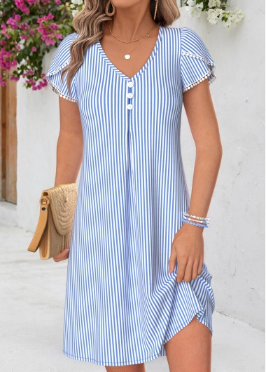 Striped Tummy Coverage Light Blue Short V Neck Dress