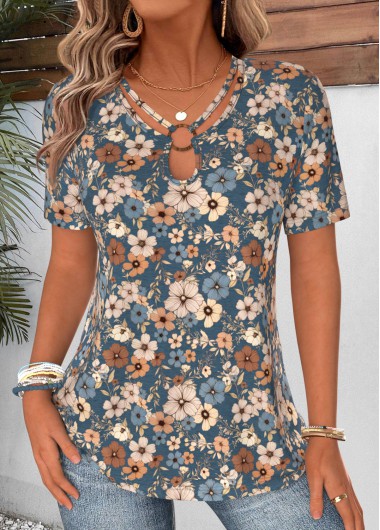 Floral Print Curved Hem Peacock Blue T Shirt