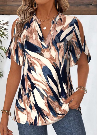 Geometric Print Curved Hem Multi Color Half Sleeve Blouse