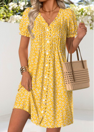 Ditsy Floral Print Tuck Stitch Yellow Short Dress Ditsy Floral Print Tuck Stitch Yellow Short Dress