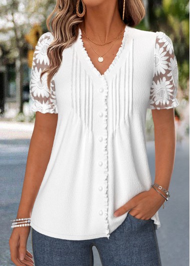 Frill White Short Sleeve V Neck T Shirt