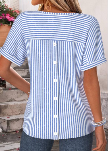 Striped Curved Hem Blue Short Sleeve T Shirt