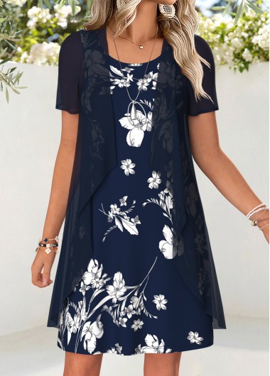 Floral Print Two-piece Navy Short Dress and Cardigan
